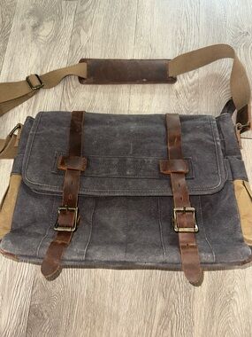 Dark Gray Brown Leather Trim Messenger Laptop Briefcase Bag